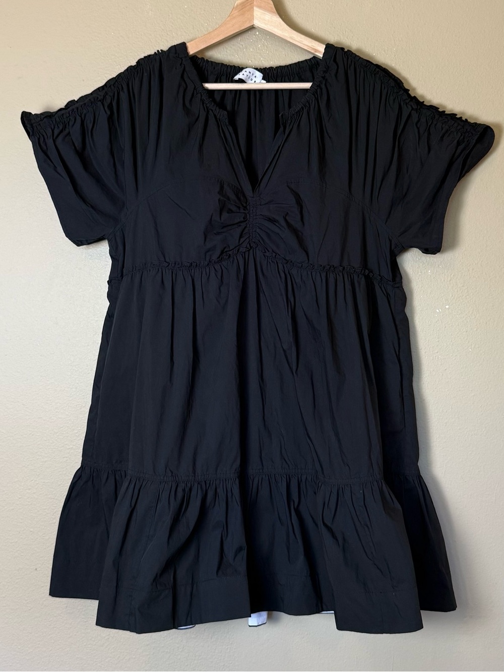 Tanya Taylor Black Tiered Cotton V-Neck Mini Dress Size XL - Picture 2 of 7